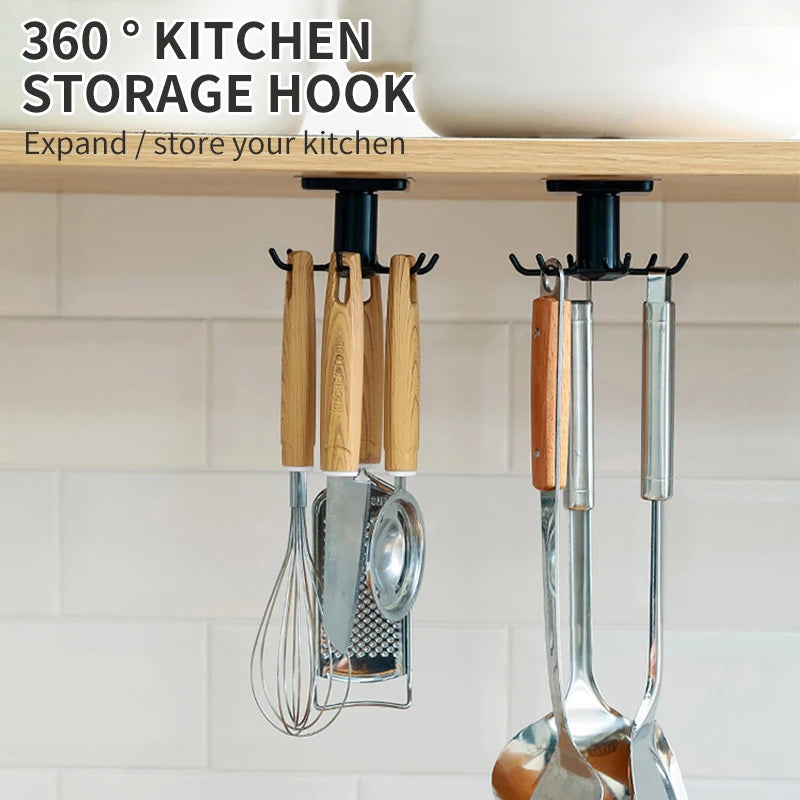 360-degree kitchen storage hooks rack holding wooden-handled utensils and tools under wall-mounted shelf