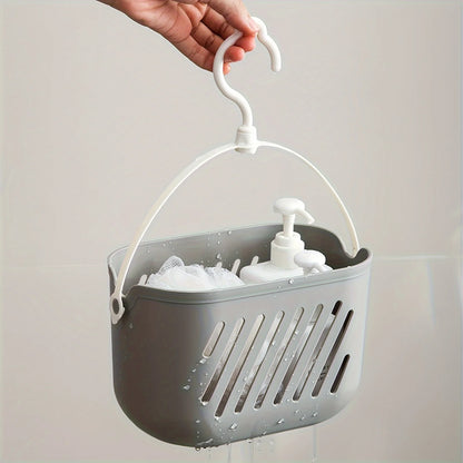 Grey hanging shower caddy basket with hook holding soap pump bottle, drip-proof kitchen and bathroom organizer