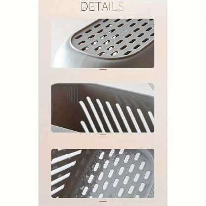 Close-up detail shots of hanging storage basket showing drainage holes, ventilation slots and durable material texture