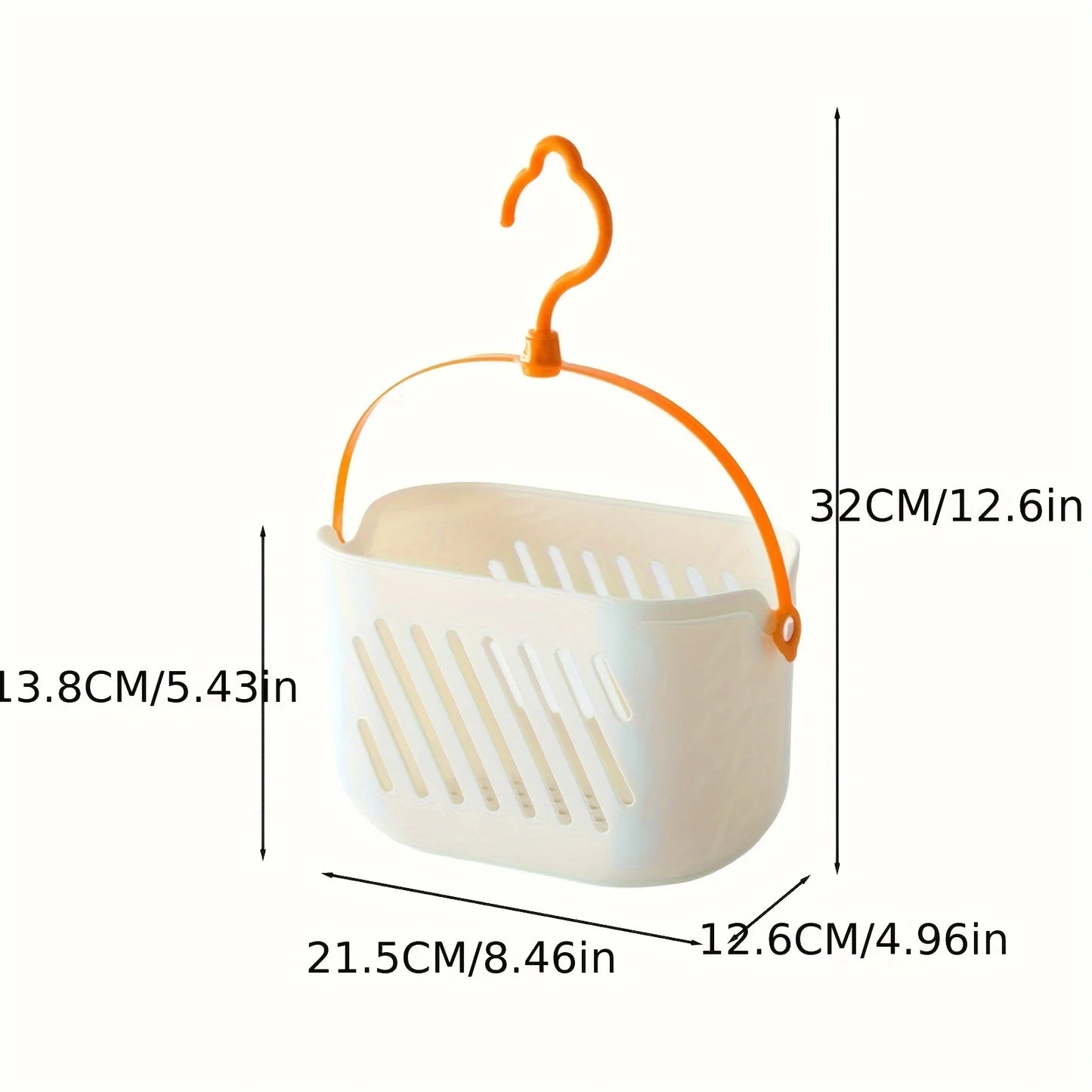 Hanging kitchen storage basket size guide showing 32x21.5x13.8cm dimensions with orange hook on white background