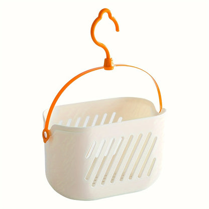 White hanging storage basket with orange hook standalone product view on white background for kitchen and bathroom