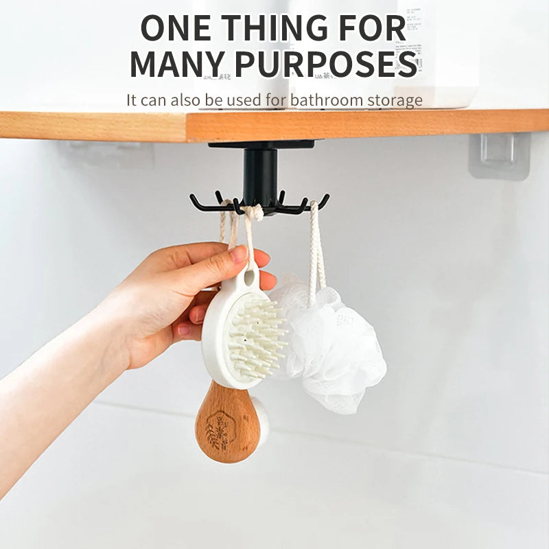 Versatile wall-mounted hooks rack used for bathroom shower storage, hanging brushes and bath accessories under shelf