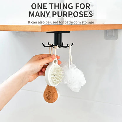 Wall-mounted kitchen hooks rack used for bathroom storage, hanging scrub brushes and loofahs under a shelf