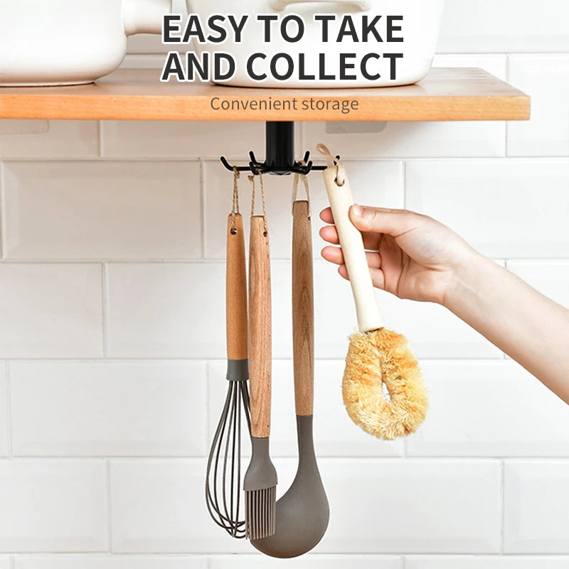 Wall-mounted kitchen hooks rack with easy access utensils storage - hand grabbing brush from hooks holding whisk and spatula