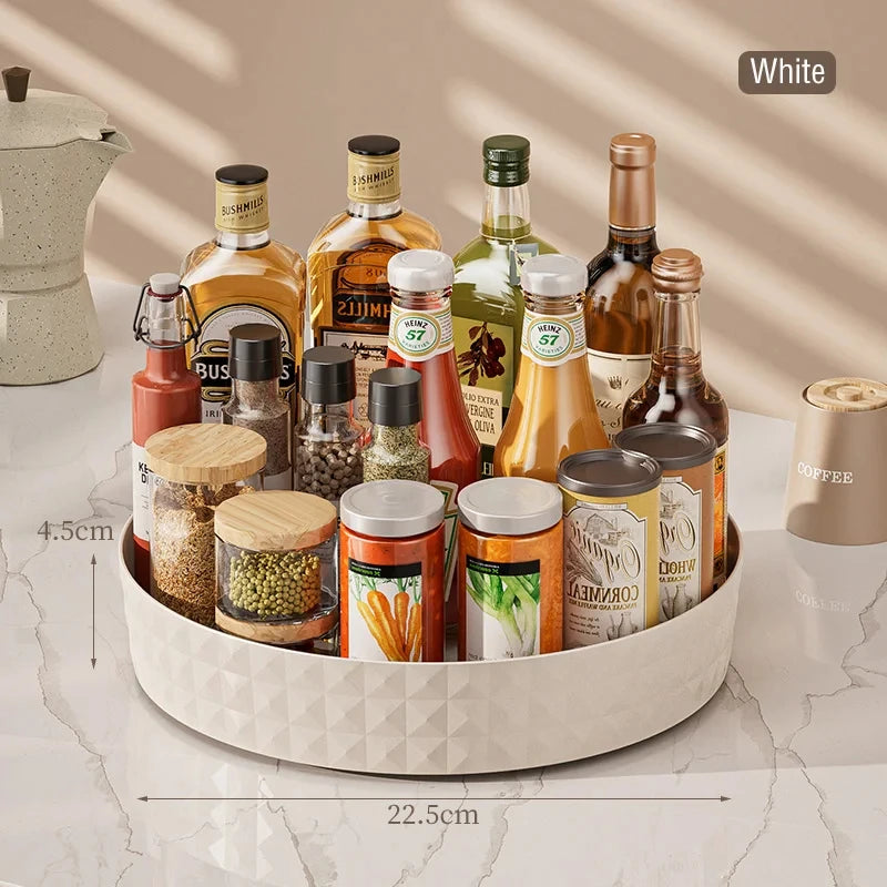 Cream white lazy susan kitchen organizer 22.5cm filled with spices, condiments and pantry bottles with size dimensions