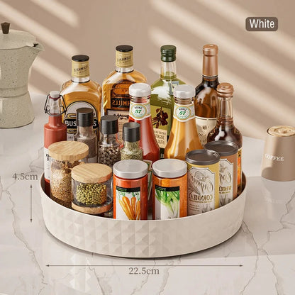 Cream white lazy susan kitchen organizer 22.5cm filled with spices, condiments and pantry bottles with size dimensions