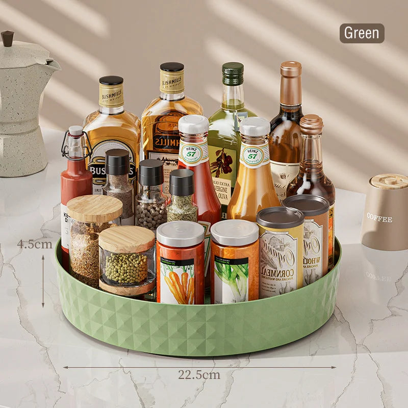 Green matcha lazy susan spice rack 22.5cm with condiments, jars and pantry bottles with product dimensions