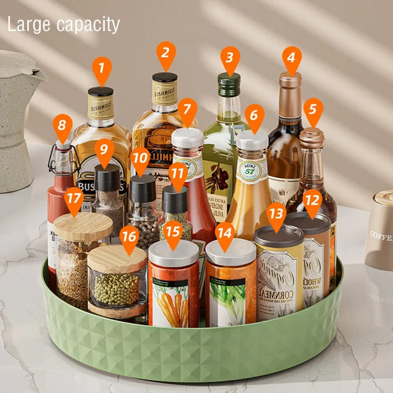 Large capacity green lazy susan kitchen organizer holding 17 spice bottles and condiment jars simultaneously