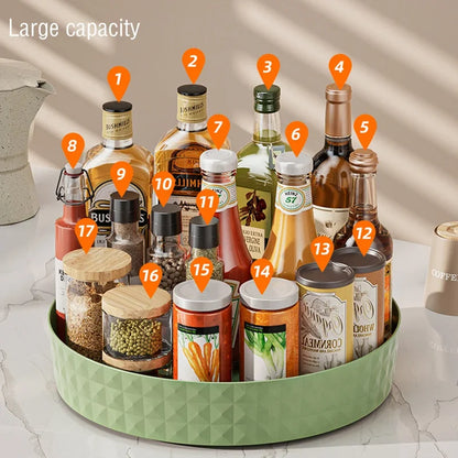 Large capacity green lazy susan kitchen organizer holding 17 spice bottles and condiment jars simultaneously