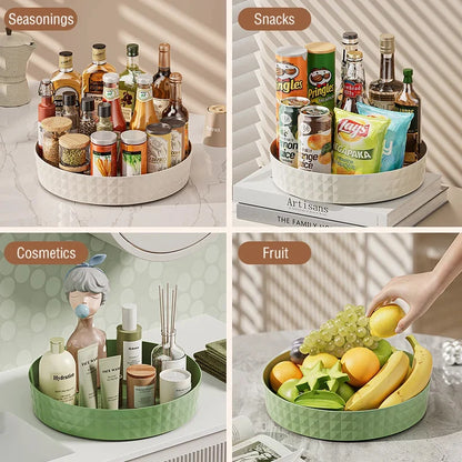 Lazy susan kitchen organizer versatile uses collage: seasonings, snacks, cosmetics and fruit storage