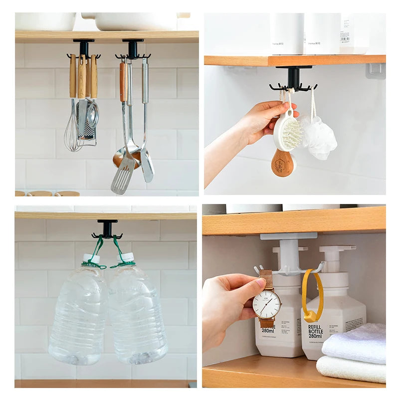 Wall-mounted kitchen hooks rack showing multiple uses: hanging utensils, mugs, bottles, and accessories under cabinet