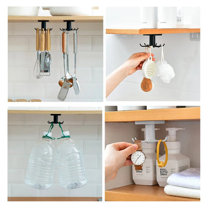 Wall-mounted kitchen hooks rack showing multiple uses: hanging utensils, mugs, bottles, and accessories under cabinet